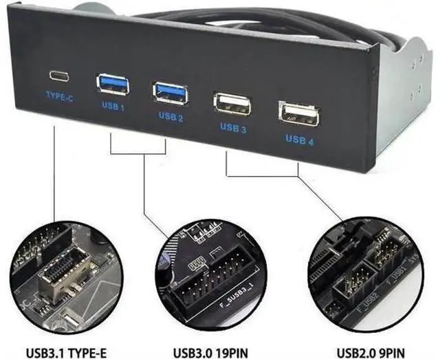 Main image of 5.25 Inch USB 3.1 GEN2 Front Panel USB Hub 2 Ports USB 3.0 + 2 Ports USB2.0 + 1 Port TYPE-C with TYPE-E Connector for Desktop PC