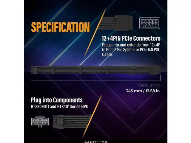 Alt view image 2 of 7 - Aomoproing GPU Power Sleeved Cable Extension, 16pin(12+4) 12VHPWR PCIe 5.0 Connector Male to Female for RTX 3090Ti 4070Ti 4080 4090, with Cable Combs-16AWG/Black