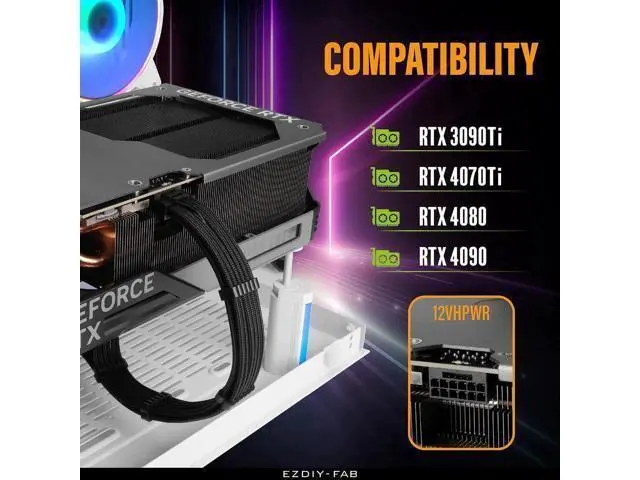 Alt view image 5 of 7 - Aomoproing GPU Power Sleeved Cable Extension, 16pin(12+4) 12VHPWR PCIe 5.0 Connector Male to Female for RTX 3090Ti 4070Ti 4080 4090, with Cable Combs-16AWG/Black