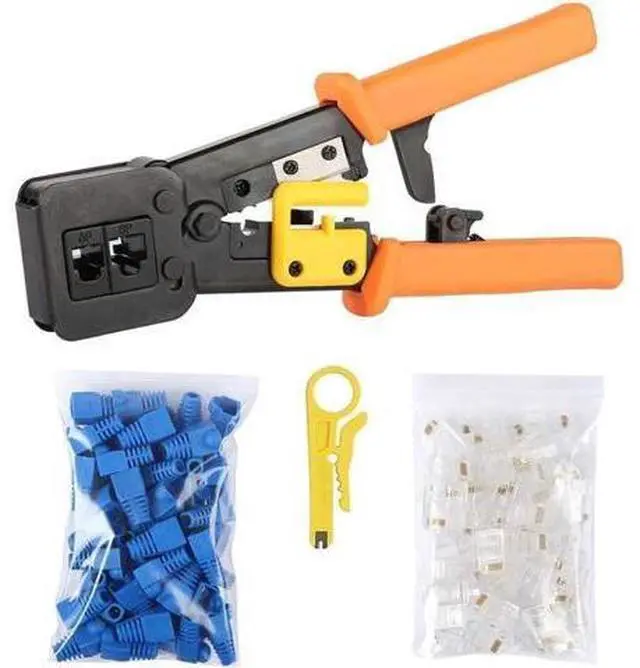 Main image of RJ45 Crimp Tool Pass Through Cat5 Cat5e Cat6 Crimping Tool for RJ45/RJ12 Regular and End-Pass-Through CAT5e Connectors with 50PCS Connectors, 50PCS Covers and Network Wire Stripper