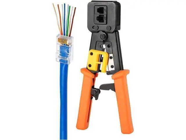 Alt view image 3 of 6 - RJ45 Crimp Tool Pass Through Cat5 Cat5e Cat6 Crimping Tool for RJ45/RJ12 Regular and End-Pass-Through CAT5e Connectors with 50PCS Connectors, 50PCS Covers and Network Wire Stripper