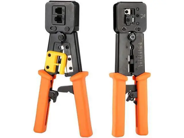 Alt view image 2 of 6 - RJ45 Crimp Tool Pass Through Cat5 Cat5e Cat6 Crimping Tool for RJ45/RJ12 Regular and End-Pass-Through CAT5e Connectors with 50PCS Connectors, 50PCS Covers and Network Wire Stripper
