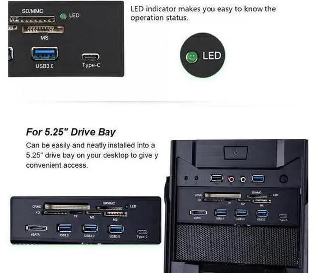 Alt view image 4 of 7 - 5.25" Internal Card Reader Media Multi-Function Dashboard PC Front Panel Type-C USB 3.1 USB 3.0 Support CF XD MS M2 TF SD card reader smart
