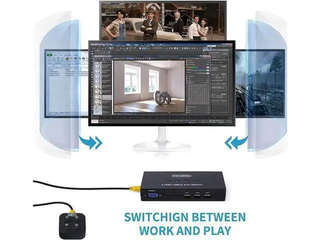 Alt view image 2 of 5 - VGA KVM Switch 4 Port, USB VGA KVM Switcher for 4 Computers Share one Monitor 3 USB Devices Keyboard Mouse Scanner Printer, Including 4 KVM Cables & Desktop Control