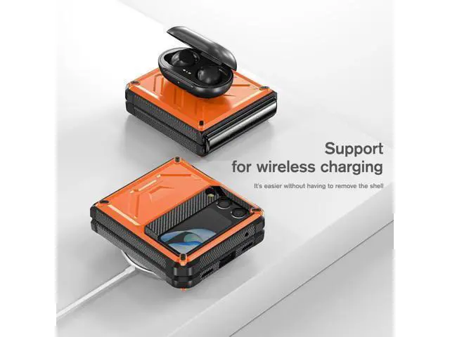 Alt view image 4 of 7 - For Samsung Galaxy Z Flip 4 5G 2022 Case with Slide Camera Cover, Military Grade Heavy Duty Protective Armor Phone Case Shockproof Cover Orange