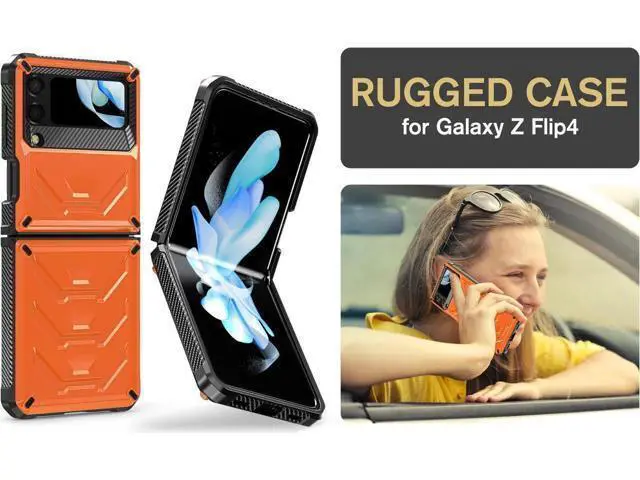 Alt view image 5 of 7 - For Samsung Galaxy Z Flip 4 5G 2022 Case with Slide Camera Cover, Military Grade Heavy Duty Protective Armor Phone Case Shockproof Cover Orange