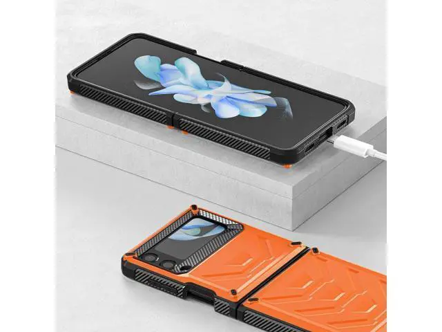 Alt view image 7 of 7 - For Samsung Galaxy Z Flip 4 5G 2022 Case with Slide Camera Cover, Military Grade Heavy Duty Protective Armor Phone Case Shockproof Cover Orange