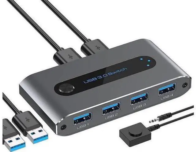 Main image of USB 3.0 Switch, 2 in 4 out USB 3.0 Switch, USB KVM Switcher 2 Computer Sharing 4 USB Devices with Wire Desktop Controller and 2 Pack USB 3.0 A-A Cable