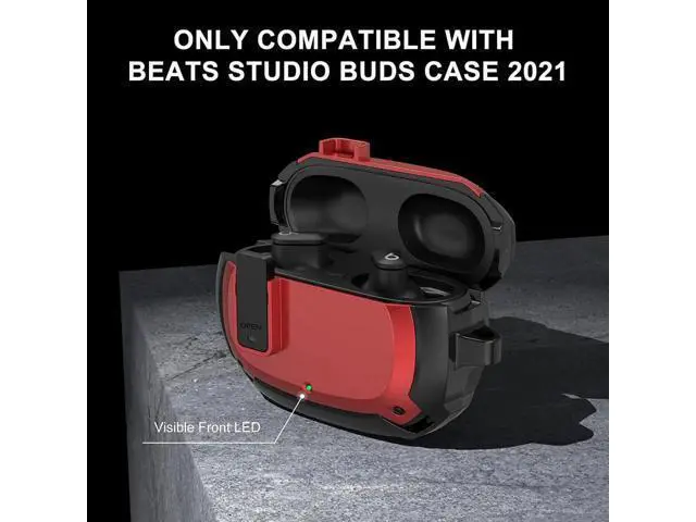 Alt view image 3 of 6 - Beats Studio Buds Case Cover 2021, Secure Lock Hard Rugged Cool Shockproof Protective Case Cover for Beats Studio Buds Wireless Earbuds Case Accessories with Keychain Carabiner for Men Women Red