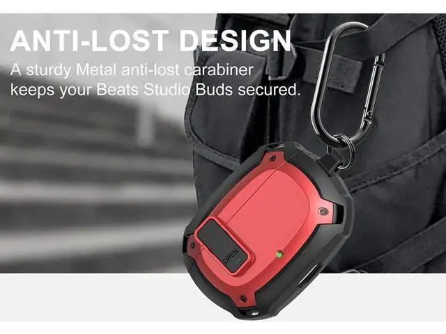 Alt view image 4 of 6 - Beats Studio Buds Case Cover 2021, Secure Lock Hard Rugged Cool Shockproof Protective Case Cover for Beats Studio Buds Wireless Earbuds Case Accessories with Keychain Carabiner for Men Women Red
