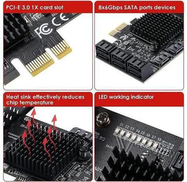 Alt view image 2 of 7 - PCIe to 8 Port SATA Expansion Card SATA3 3 6Gb HDD SSD Adapter PCI E Express X1 Controller Extension Riser for Mining