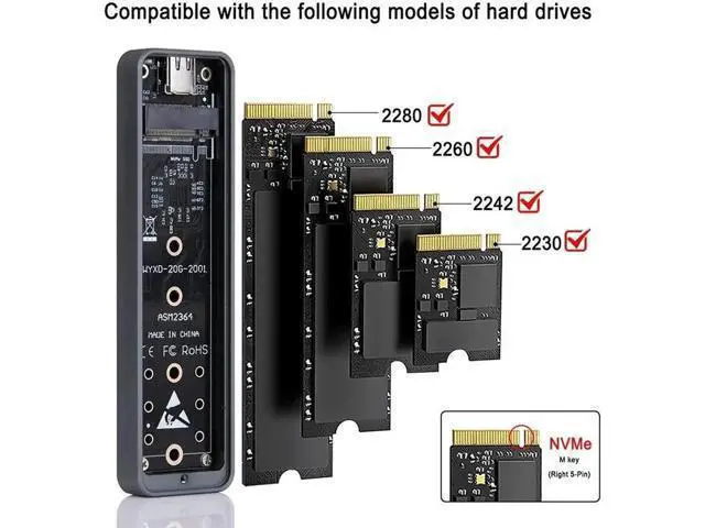 Alt view image 2 of 7 - 20Gbps M.2 NVME Enclosure USB 3.2 GEN 2X2 Type C NVME SSD Enclosure for 2230/2242/2260/2280 NVME SSD M/B+M Key External Case Box