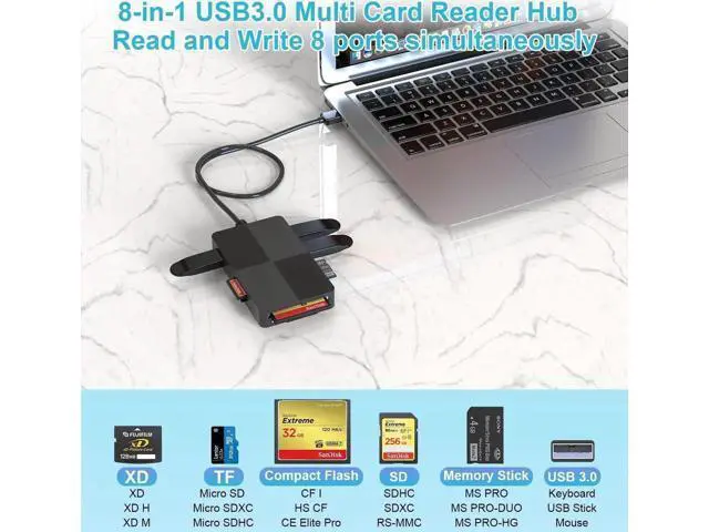 Alt view image 5 of 7 - 3.0 Multi Card Reader for PC, XD Picture Card Reader USB Adapter with 5 Card Slots and 3 USB3.0 Port for SD TF CF XD MS keyboard mouse U Disk, Memory Stick Pro Duo Reader Read 8 Ports Simultaneous