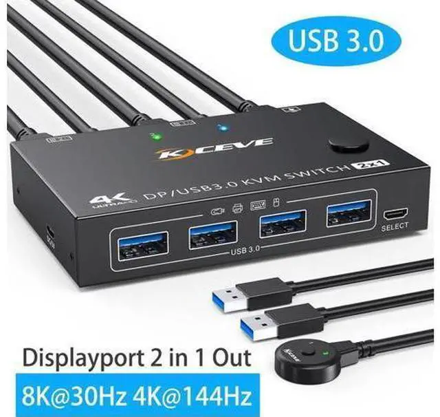 Main image of Displayport KVM Switch 2 Computers 1 Monitor, USB 3.0 KVM Switch Displayport 8K@30Hz 4K@144Hz, DP KVM Switch 2 PC 1 Monitor Share 4 USB 3.0 Devices Keyboard Mouse Monitor, with Wired Remote