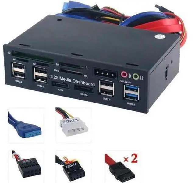 Alt view image 3 of 7 - 5.25 inch Front Panel, Multi-Function USB3.0/2.0 Hub CF TF M2 SD MS Card Reader, Media Dashboard PC Front Panel eSATA Audio Headphone Mic, for Computer