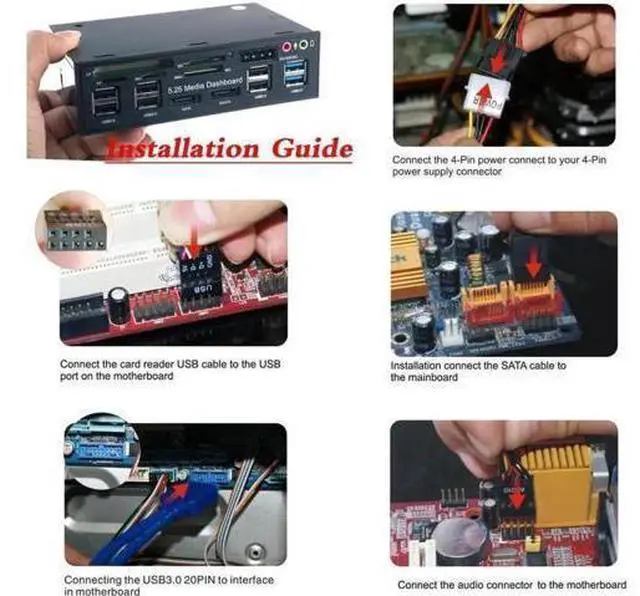 Alt view image 6 of 7 - 5.25 inch Front Panel, Multi-Function USB3.0/2.0 Hub CF TF M2 SD MS Card Reader, Media Dashboard PC Front Panel eSATA Audio Headphone Mic, for Computer