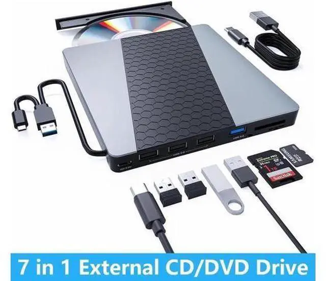 Main image of External CD DVD Drive, USB3.0/USB C Portable CD/DVD Player with SD/TF Slot, 1 USB 3.0 & 4 USB 2.0 Ports, CD ROM Burner Optical Drive Compatible with Windows 11/10/8.1/8/7/vista,Linux,MacOS
