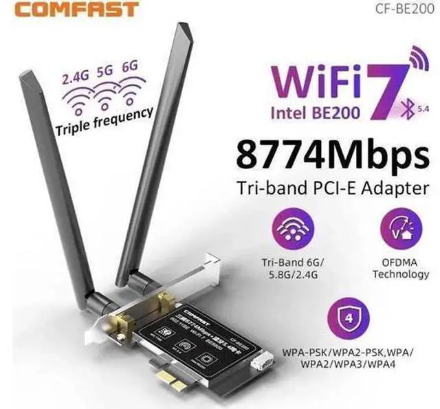 Main image of WiFi 7 BE200 PCI-E Network Card 2.4G&5G&6GHz Tri-band 8774Mbps BE200NGW Chip 802.11be Bluetooth 5.4 Wireless PCIe