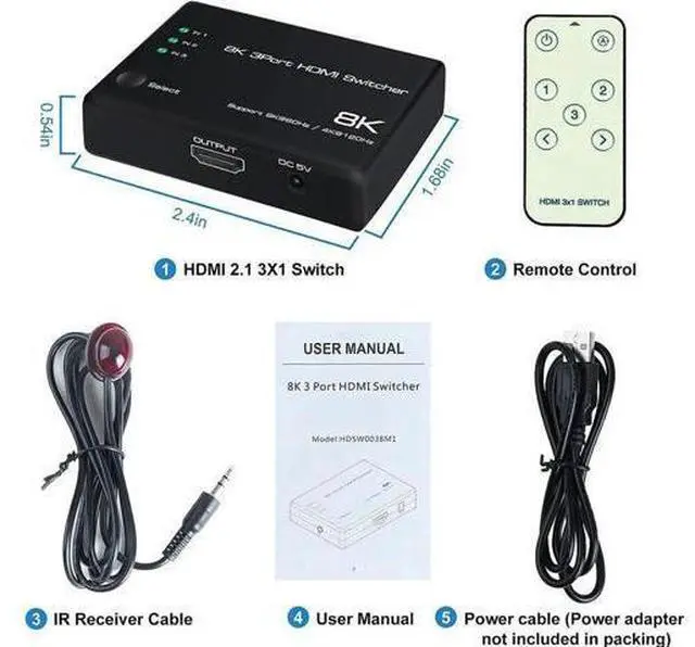 Alt view image 3 of 14 - 3 in 1 Out HDMI 2.1 Switch 8K@60Hz, 4K@120Hz HDMI Switcher 3 Port, 8K HDMI Auto Switch 3x1 Selector with IR Remote for Xbox,PS5,PS4,UHD TV, Support 48Gbps, HDCP 2.3,HDR 10+, 1080P@240Hz