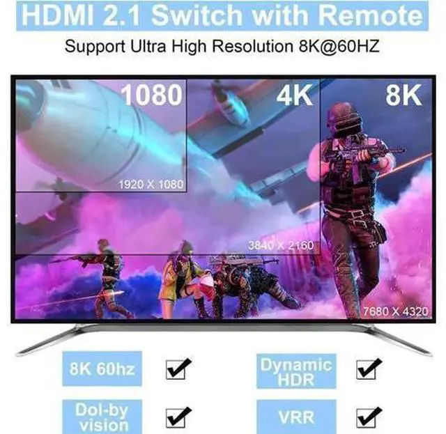 Alt view image 6 of 14 - 3 in 1 Out HDMI 2.1 Switch 8K@60Hz, 4K@120Hz HDMI Switcher 3 Port, 8K HDMI Auto Switch 3x1 Selector with IR Remote for Xbox,PS5,PS4,UHD TV, Support 48Gbps, HDCP 2.3,HDR 10+, 1080P@240Hz