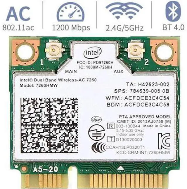 Main image of Mini pcie WiFi Card Dual Band Wireless AC 7260 PCI Express Card 802.11ac 2x2 Wi-Fi 7260hmw Bluetooth 4.0 PCIe Half WiFi Card 802.11 b/a/g/n/ac for Laptop Window 7 8 8.1 10 Linux 2.4.x/2.6.x or Later