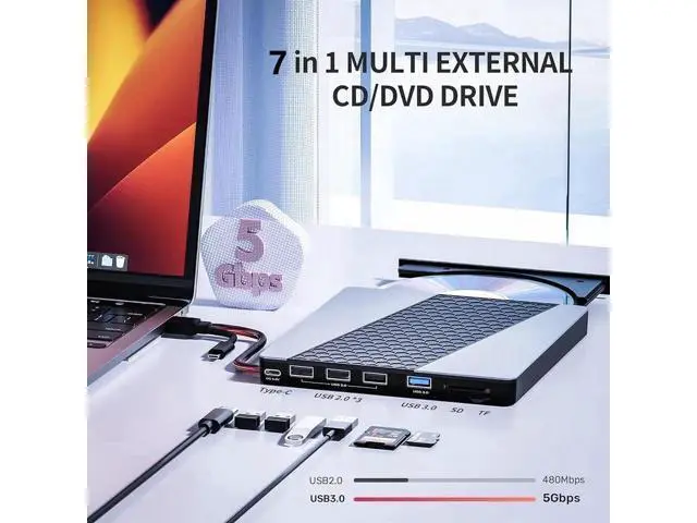 Alt view image 3 of 7 - External CD DVD Drive, USB3.0/USB C Portable CD/DVD Player with SD/TF Slot, 1 USB 3.0 & 4 USB 2.0 Ports, CD ROM Burner Optical Drive Compatible with Windows 11/10/8.1/8/7/vista,Linux,MacOS