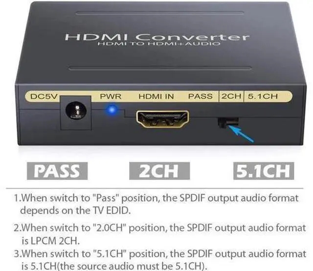 Alt view image 6 of 7 - 1080P HDMI Audio Extractor HDMI to HDMI + Optical TOSLINK SPDIF + Analog RCA L/R Stereo Audio Video Splitter Adapter Converter for Apple TV Blu-ray Player Black