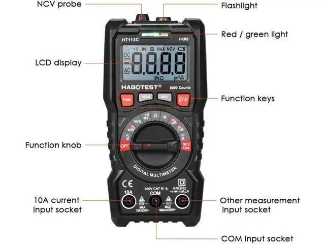 Alt view image 2 of 7 - HABOTEST HT113C NCV Digital Multimeter Auto Range True RMS 6000 Counts AC/DC Voltage Meter Flash light Backlight Large Screen
