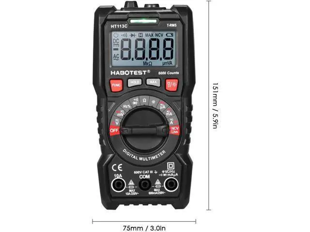 Alt view image 6 of 7 - HABOTEST HT113C NCV Digital Multimeter Auto Range True RMS 6000 Counts AC/DC Voltage Meter Flash light Backlight Large Screen