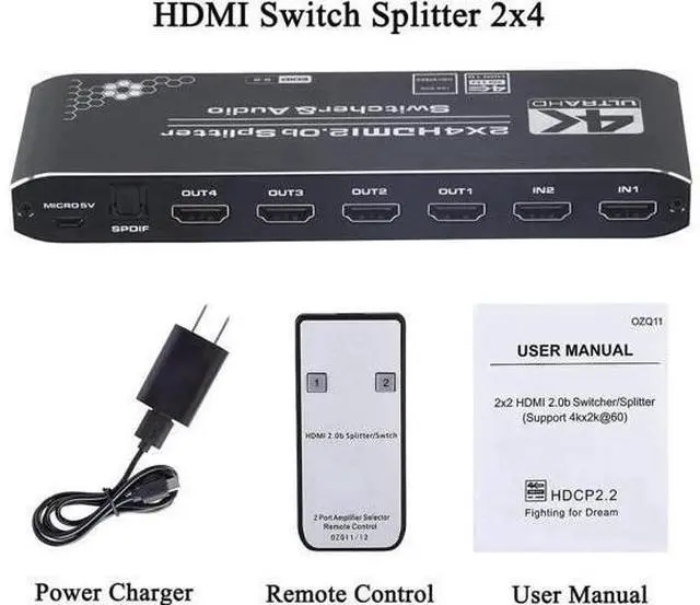 Alt view image 5 of 7 - 4K HDMI Splitter 2x4,HDMI Switch 2 in 4 Out Switcher Box with Audio Extractor and IR Remote Control, Support Ultra 4K HDR,4Kx2K@60Hz, 3D, 1080P,HDMI 2.0b, HDCP 2.2