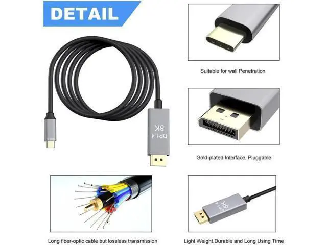 Alt view image 3 of 7 - USB C to DisplayPort 1.4 Cable 8K @30Hz 4K @144Hz USB 3.1 Type C Thunderbolt 3 to DP Cable for MacBook 2017 DellXPS 15 Disply XDR Galaxy - 10 FEET