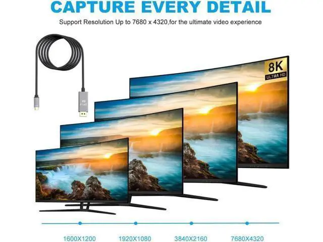 Alt view image 5 of 7 - USB C to DisplayPort 1.4 Cable 8K @30Hz 4K @144Hz USB 3.1 Type C Thunderbolt 3 to DP Cable for MacBook 2017 DellXPS 15 Disply XDR Galaxy - 10 FEET