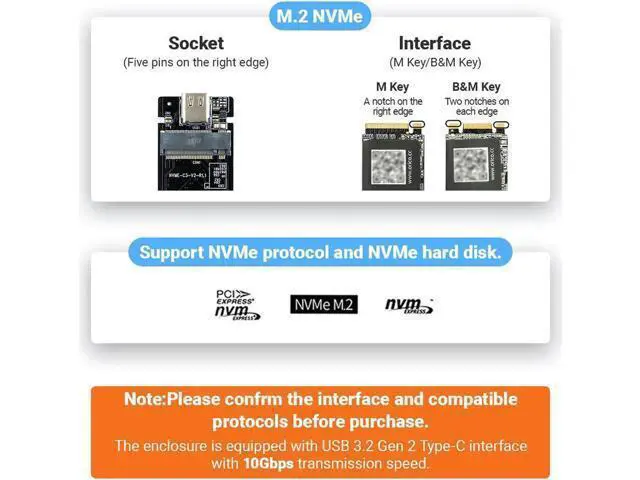 Alt view image 2 of 7 - M.2 NVME SATA SSD Enclosure, USB C 3.2 Gen 2 10Gbps or 6Gbps SATA M-Key(B+M Key) SSD Reader Dual Protocol Hard Disk Case