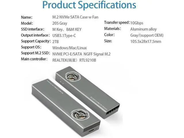 Alt view image 6 of 7 - Dual Protocol M.2 SSD NVMe SATA Case Support M2 NVMe NGFF Sata SSD Hard Drive with Fan For PCIe M Key/B+M Key USB C 10Gbps Box Silver