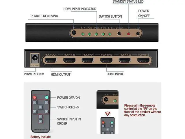 Alt view image 3 of 7 - 4K @60HZ HDMI Switch 5x1, HDMI 2.0 Switch 5 in 1 Out, 4K HDMI Switch with Remote Control Support Auto Switch, 3D, HDR 10, 18Gbps, HDCP 2.2 for PS5, Xbox, DVD, Monitor