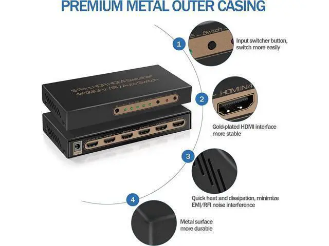 Alt view image 7 of 7 - 4K @60HZ HDMI Switch 5x1, HDMI 2.0 Switch 5 in 1 Out, 4K HDMI Switch with Remote Control Support Auto Switch, 3D, HDR 10, 18Gbps, HDCP 2.2 for PS5, Xbox, DVD, Monitor