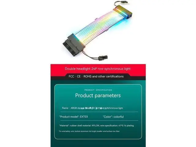 Alt view image 5 of 7 - ARGB Power Extension Cable Power Graphics Card Cable,Mainboard Extension Cable Power Luminous Cable,Dual Head Lamp 24Pin Row Synchronous Illusion Luminous Cable,Wire Harness Assembly,18AWG 41 * 0.16 T