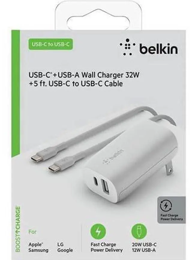 Main image of USB C Wall Charger 32W C to C Cable Included PD with 20W USB C & 12W USB A Ports for USB-C Power Delivery