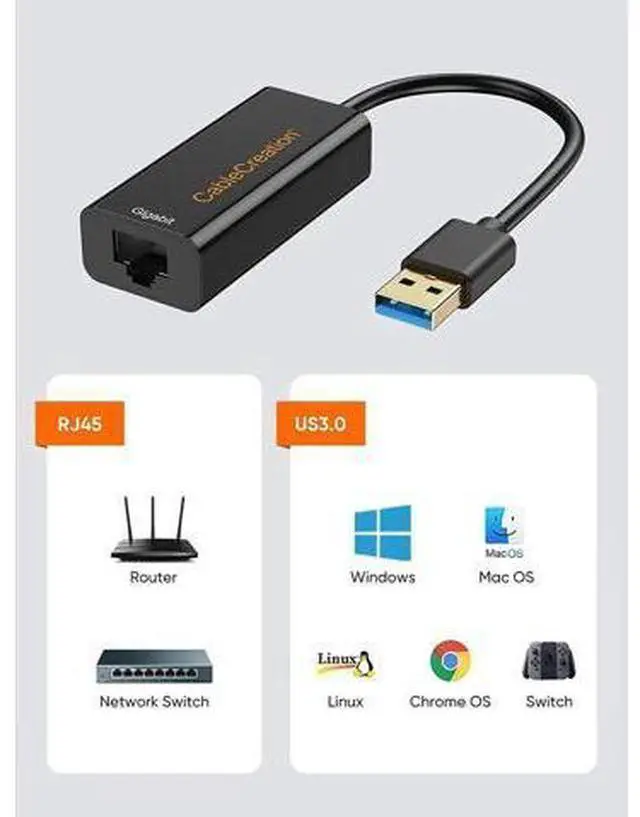 Alt view image 3 of 7 - USB to Ethernet Adapter, CableCreation USB 3.0 to 10/100/1000 Gigabit Wired LAN Network Adapter Compatible with Nintendo Switch, Windows, MacBook, macOS, Mac Pro Mini, Surface Pro, Laptop, PC and More