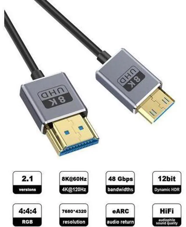 Alt view image 6 of 7 - 8K Short Mini HDMI to HDMI Adapter Cable 1FT/30cm, 48Gbps, 8K@60Hz, 4K@240Hz, Coaxial/Ultra Thin Mini HDMI Male to HDMI Male Cable OD2.5mm for Laptop,Tablet,HDTV,Projector