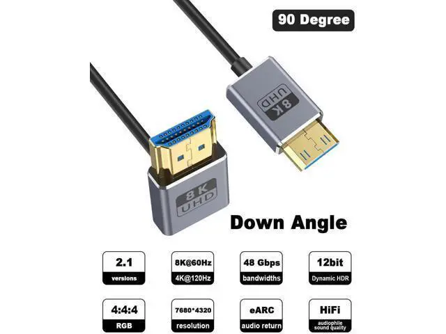 Alt view image 2 of 7 - 8K Mini HDMI to HDMI Cable 2.1 Cord 48Gbps,Ultra Thin Right Angle HDMI to Mini HDMI Male Cord, Support High Speed 8K@60Hz, 4K@240Hz for Camera, Camcorder, Graphics/Video Card 4FT