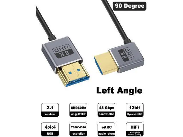 Alt view image 5 of 7 - 8K 90 Degree HDMI Cable, Left Angle HDMI Male to Male Cable,48Gbps Ultra Thin HDMI Cord OD2.5mm, Support 8K@60Hz, 4K@240Hz, Dynamic HDR, eARC, for GH5S, PS5, Xbox One Monitor,PC.1FT/30cm