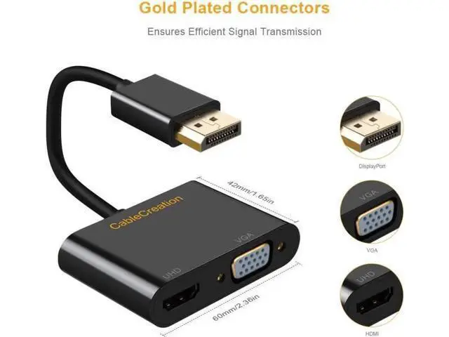 Alt view image 2 of 7 - DisplayPort to HDMI VGA Adapter, CableCreation 2 in 1 DP Hub DP to HDMI VGA Converter, HDMI 2.0 Support UHD 4K@60Hz Video/ Audio, Black