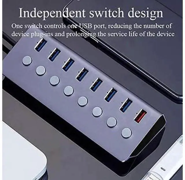 Alt view image 3 of 7 - USB 3.0 Hub 8 Ports, 5V/3A Power,Support 7 USB 3.0 Simultaneous Inputs and One USB Charging Port, Independent Switch with LED, Metal Case USB3.0 Hub