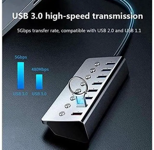 Alt view image 4 of 7 - USB 3.0 Hub 8 Ports, 5V/3A Power,Support 7 USB 3.0 Simultaneous Inputs and One USB Charging Port, Independent Switch with LED, Metal Case USB3.0 Hub