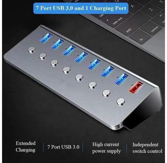 Alt view image 6 of 7 - USB 3.0 Hub 8 Ports, 5V/3A Power,Support 7 USB 3.0 Simultaneous Inputs and One USB Charging Port, Independent Switch with LED, Metal Case USB3.0 Hub