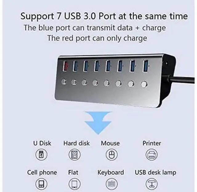 Alt view image 7 of 7 - USB 3.0 Hub 8 Ports, 5V/3A Power,Support 7 USB 3.0 Simultaneous Inputs and One USB Charging Port, Independent Switch with LED, Metal Case USB3.0 Hub