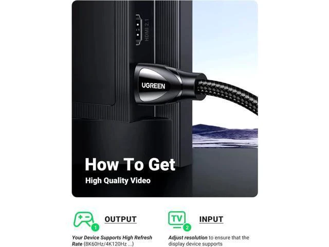 Alt view image 4 of 7 - UGREEN 8K HDMI Cable 2.1 6.6FT, 48Gbps Ultra High Speed Braided HDMI Cord 8K@60Hz 4K@120Hz, eARC HDR10 HDCP 2.2&2.3, HDMI Cable Compatible with PS5/Xbox Series X/Roku TV/HDTV/Blu-ray, Black