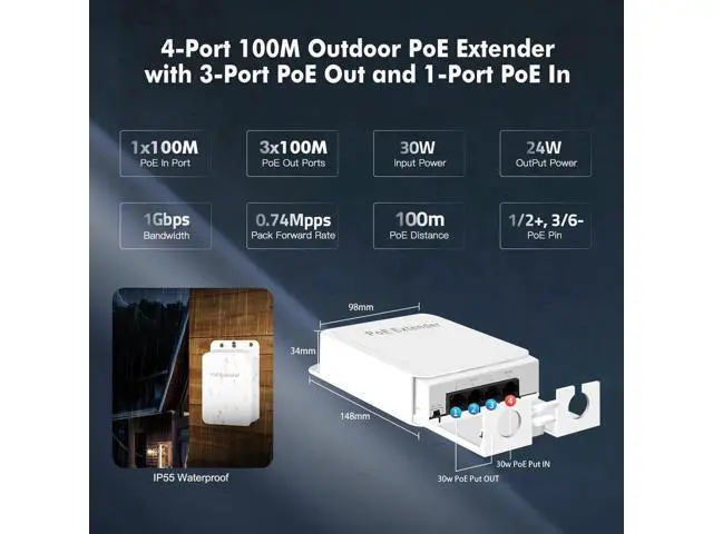 Alt view image 7 of 7 - Aomoproing Outdoor PoE Passthrough Switch - 1 In 3 Out Extender, IEEE802.3af/at Powered, 100Mbps Ethernet, Wall Mount Waterproof Plug and Play