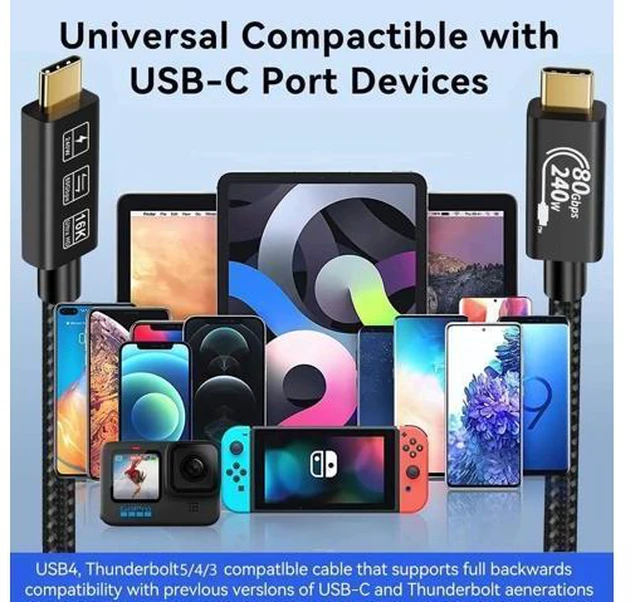 Alt view image 3 of 7 - USB4 Cable, with Thunderbolt 5 Cable, 240 W Charging Cable, 80 Gbps Data Cable, gen4 cable,16K@60Hz 4K120Hz HDR, USB C to USB C Cable, for Hub, Dock, M2, M3, SSD, Laptops, Monitor (TB5 80G 240W 0.5M)